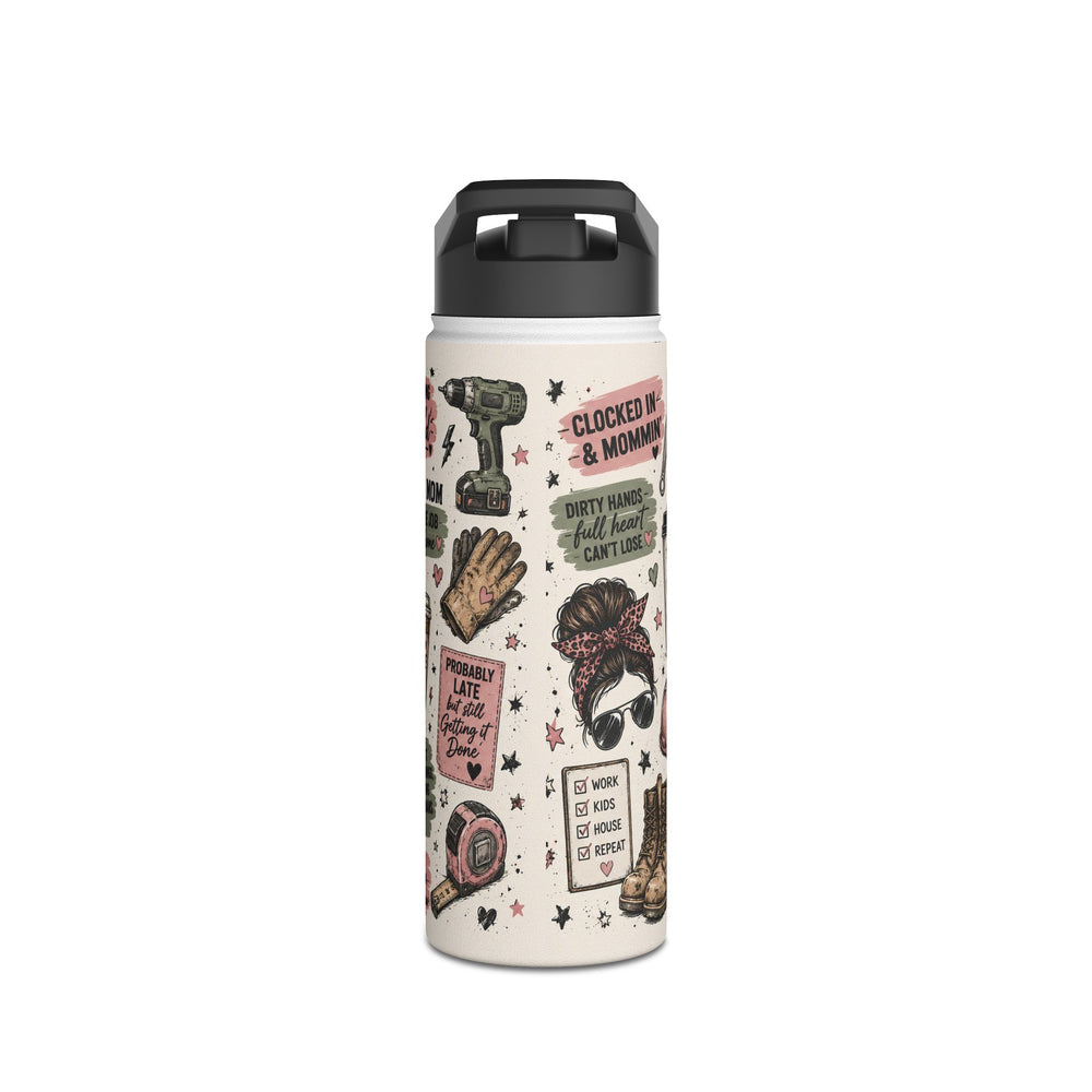 Caffeine-Fueled Blue Collar Mom Stainless Steel Water Bottle — “Powered by Caffeine, Deadlines & Tiny Humans”.