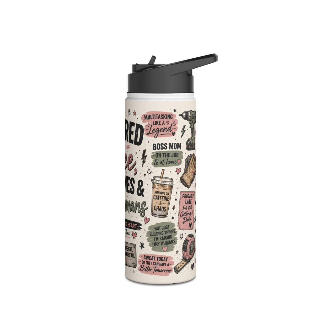 Caffeine-Fueled Blue Collar Mom Stainless Steel Water Bottle — “Powered by Caffeine, Deadlines & Tiny Humans”.