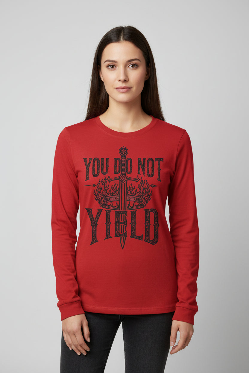 You Do Not Yield Long Sleeve Tee ⚔️ Sword &amp; Flames Warrior Graphic Shirt