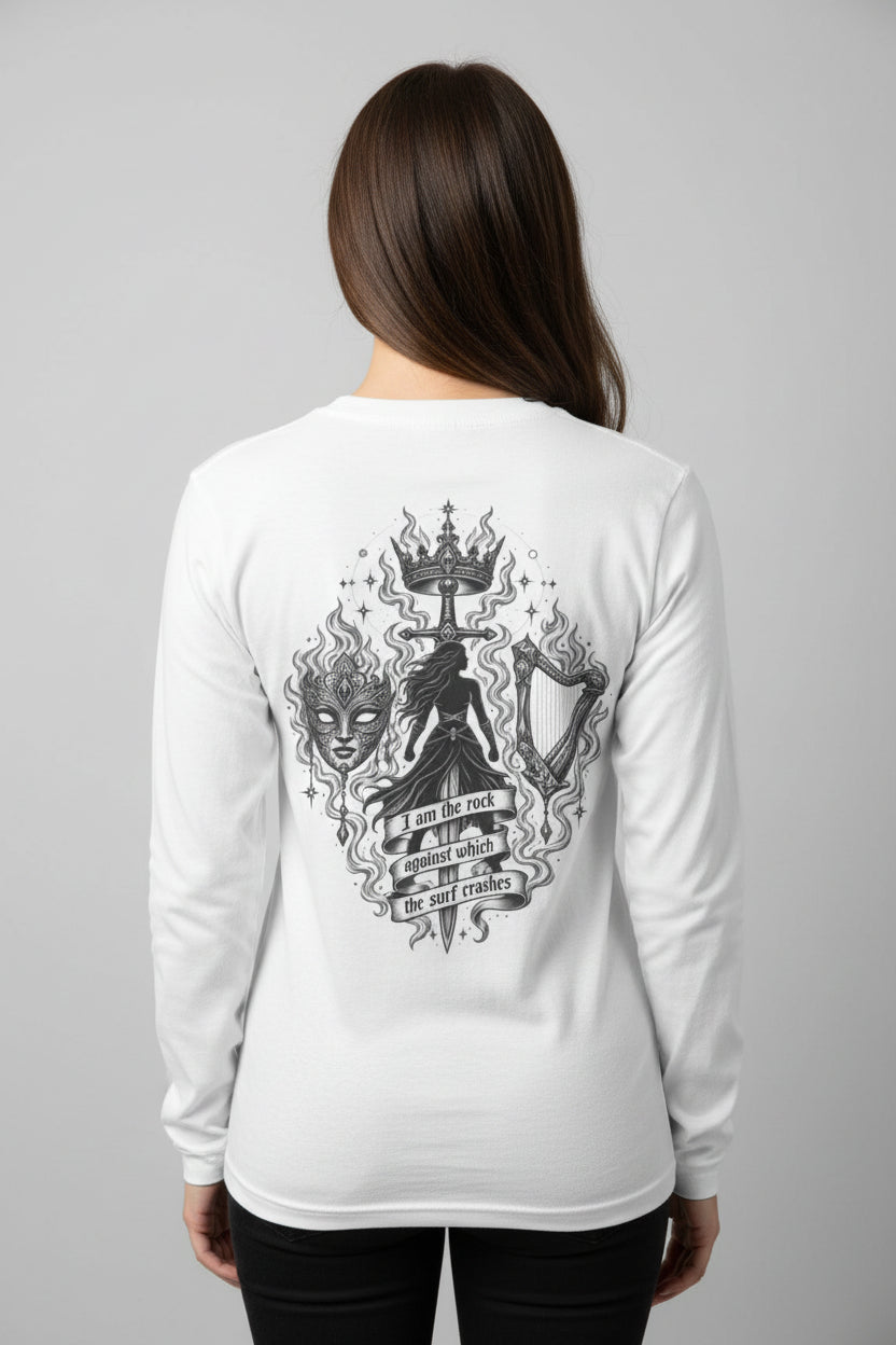 A white long-sleeve t-shirt with a detailed black graphic print on the back, featuring a classical figure holding a trident and harp with flames and a banner that reads 'I AM THE LIGHT'.