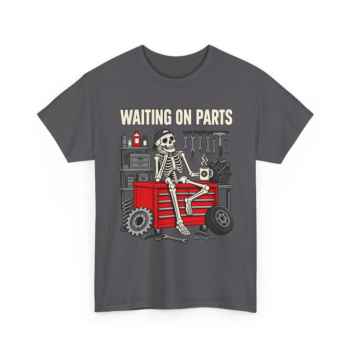Waiting on Parts Mechanic T-Shirt | Funny Skeleton Garage Tee