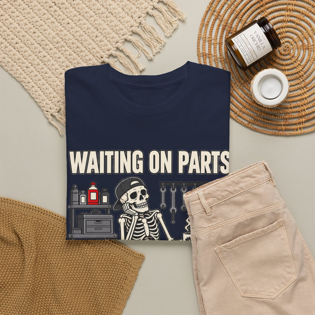 Waiting on Parts Mechanic T-Shirt | Funny Skeleton Garage Tee