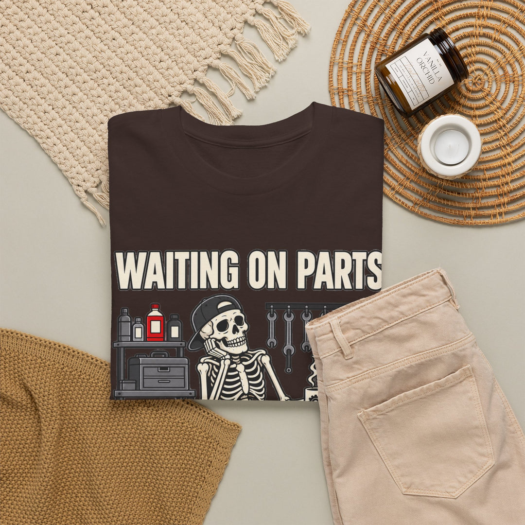 Waiting on Parts Mechanic T-Shirt | Funny Skeleton Garage Tee