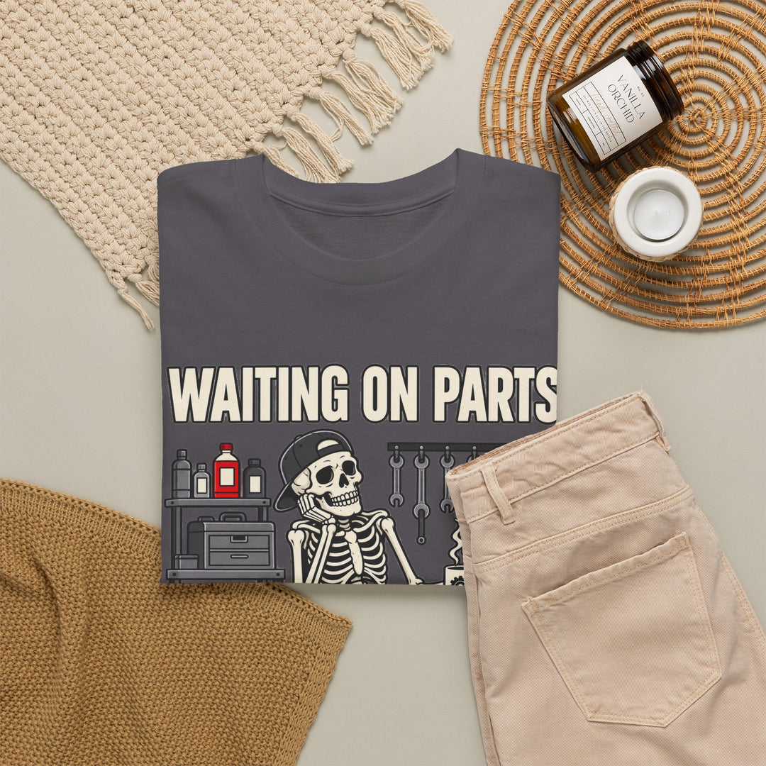 Waiting on Parts Mechanic T-Shirt | Funny Skeleton Garage Tee