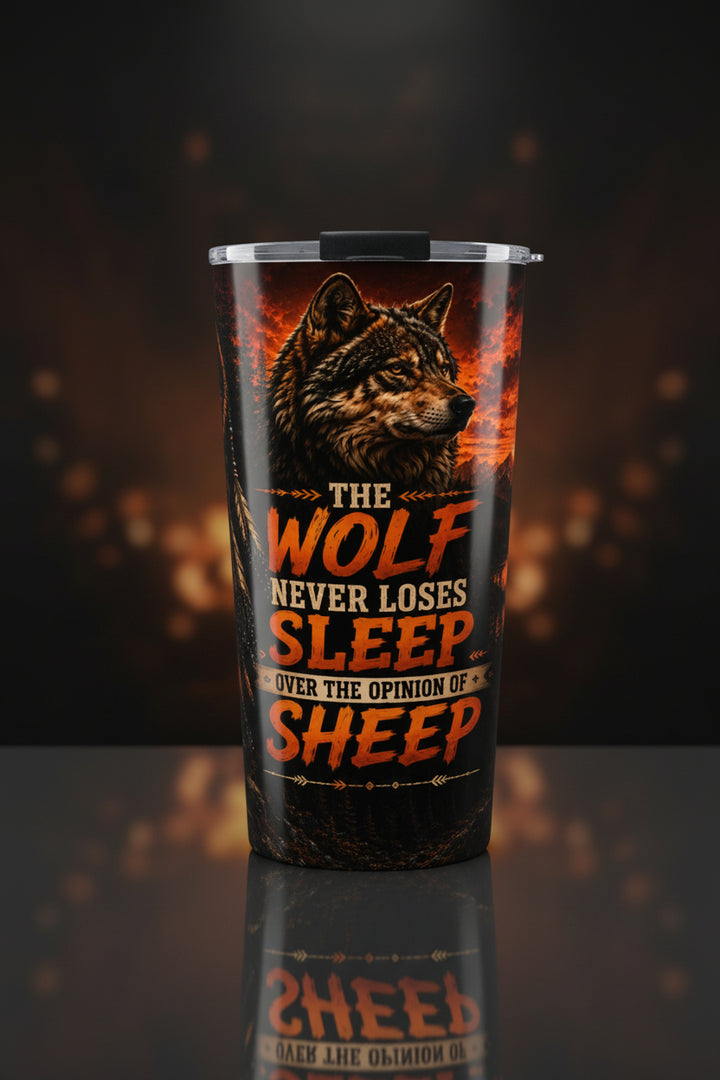 A tall insulated tumbler with a clear lid and black handle, featuring a printed design of a wolf and the text &