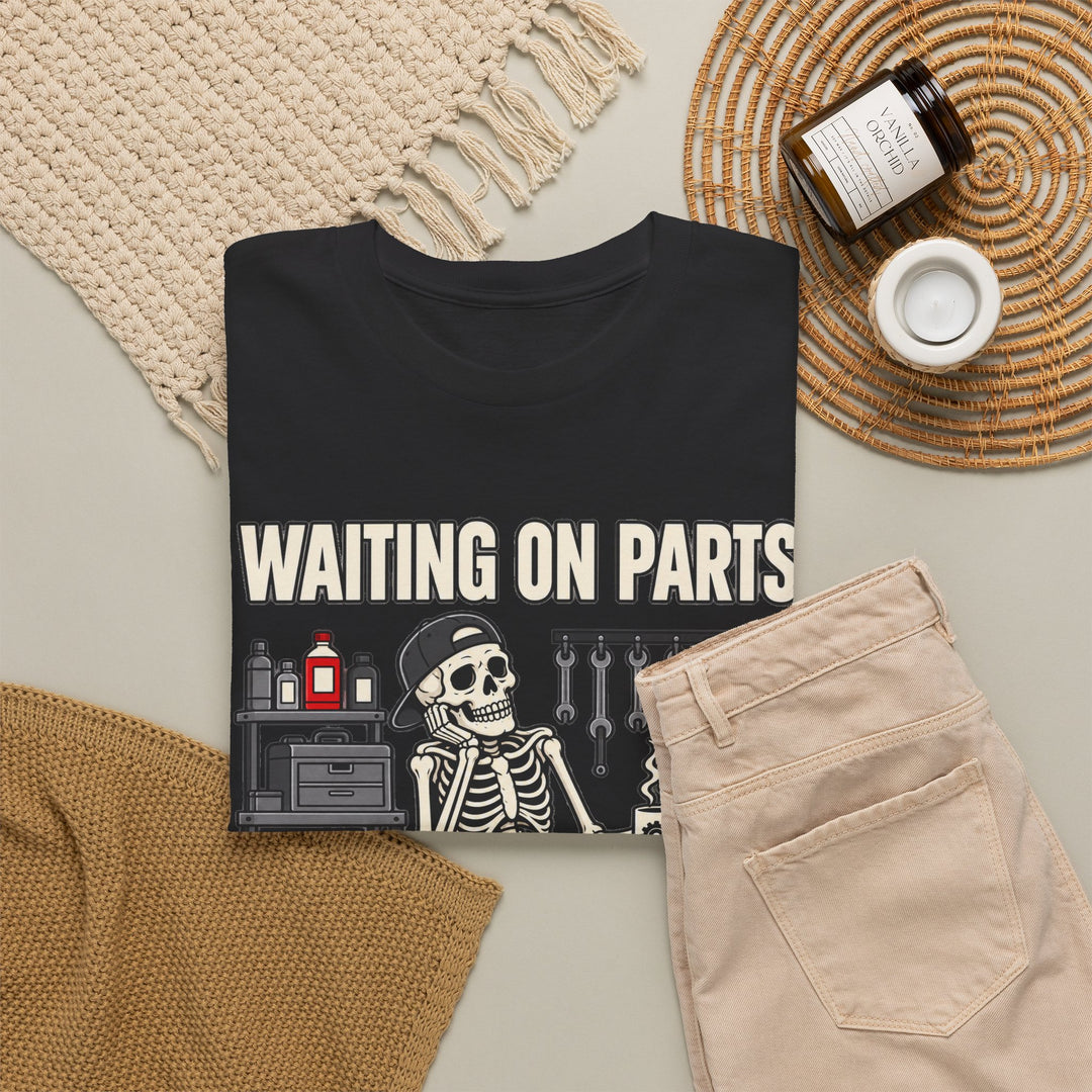 Waiting on Parts Mechanic T-Shirt | Funny Skeleton Garage Tee