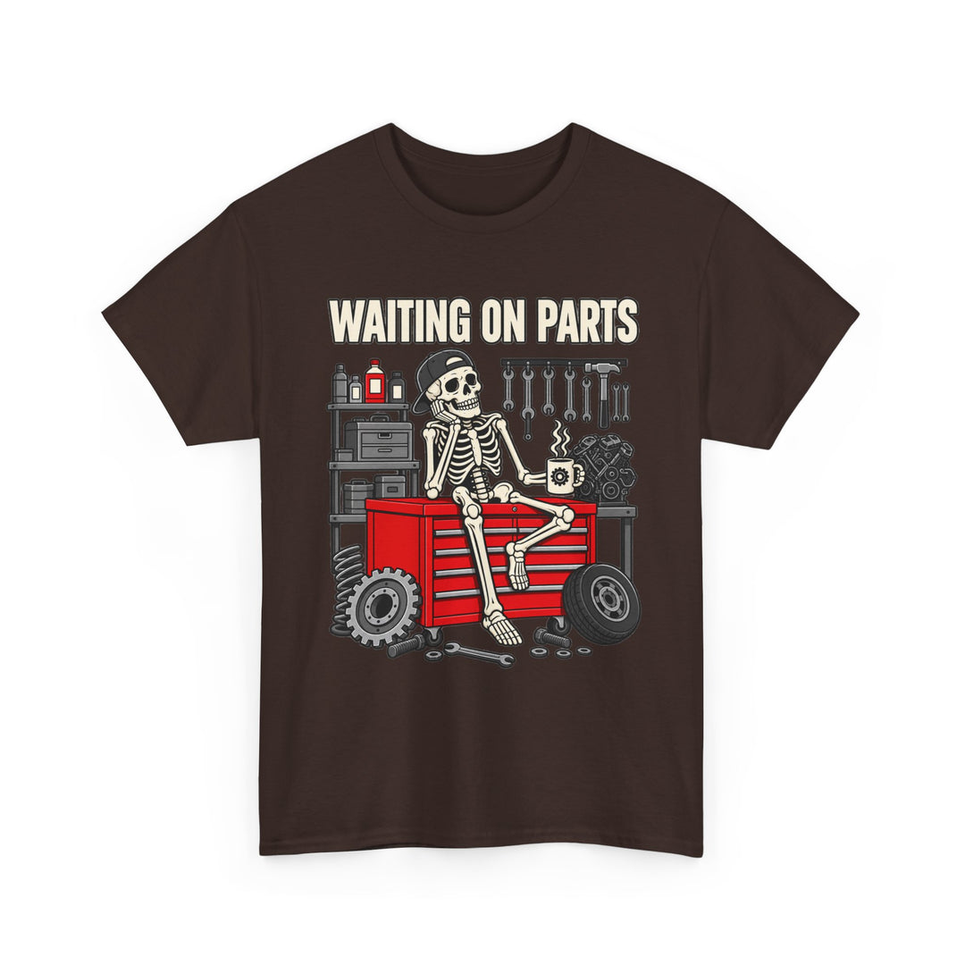Waiting on Parts Mechanic T-Shirt | Funny Skeleton Garage Tee