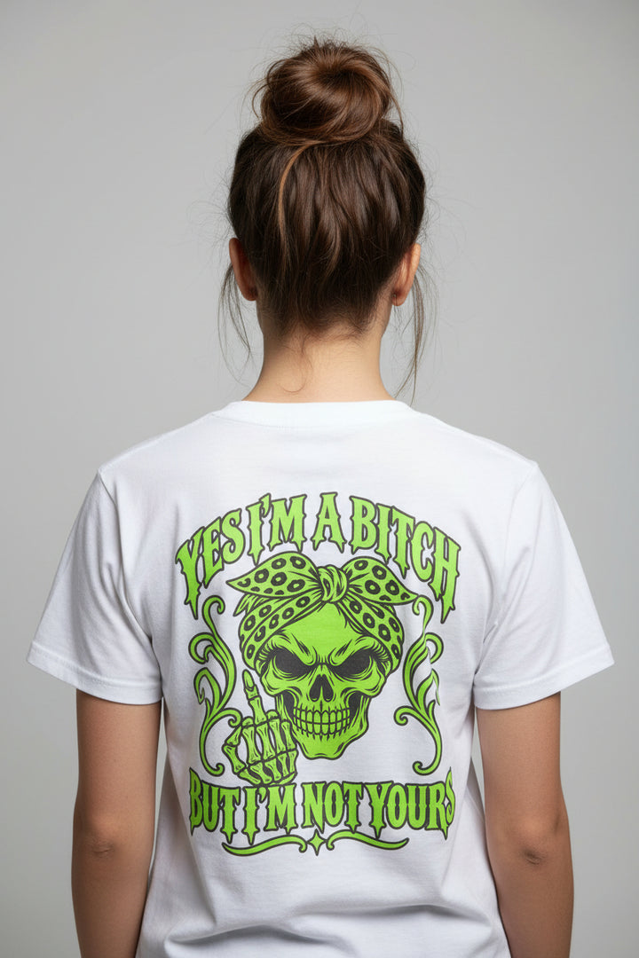 A white short-sleeve t-shirt with a large green graphic on the front featuring a skull wearing a leopard-print bandana and the text &