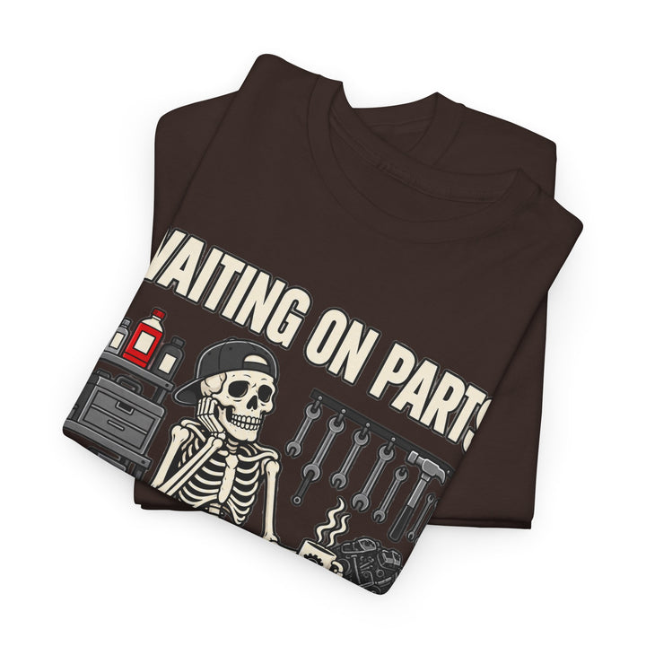 Waiting on Parts Mechanic T-Shirt | Funny Skeleton Garage Tee