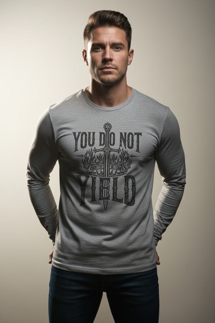 You Do Not Yield Long Sleeve Tee ⚔️ Sword &amp; Flames Warrior Graphic Shirt