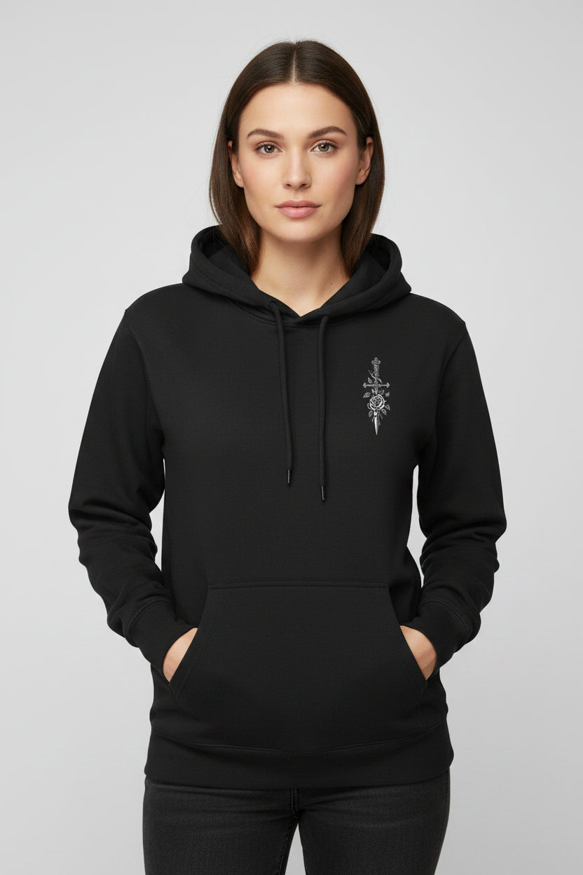 Black hoodie with a logo on the chest against a white background
