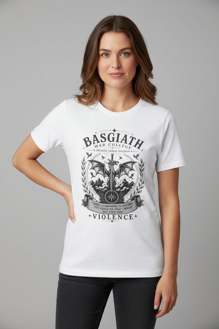 A white short-sleeve crewneck t-shirt featuring a black graphic print on the front. The graphic displays a dragon holding a sword, surrounded by laurels and the text &