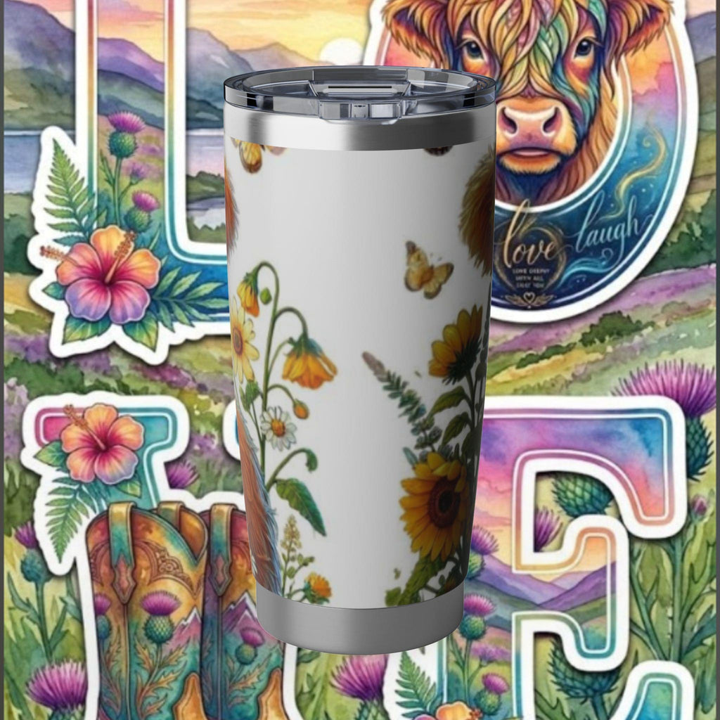 Cow Floral 20oz Tumbler — Sunflower Highland Cow Travel Mug by Printify
