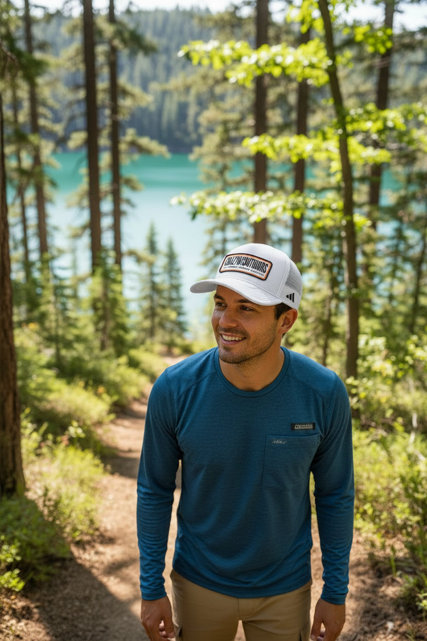White cap with 'CrazyDaysOutdoors' logo on a white background