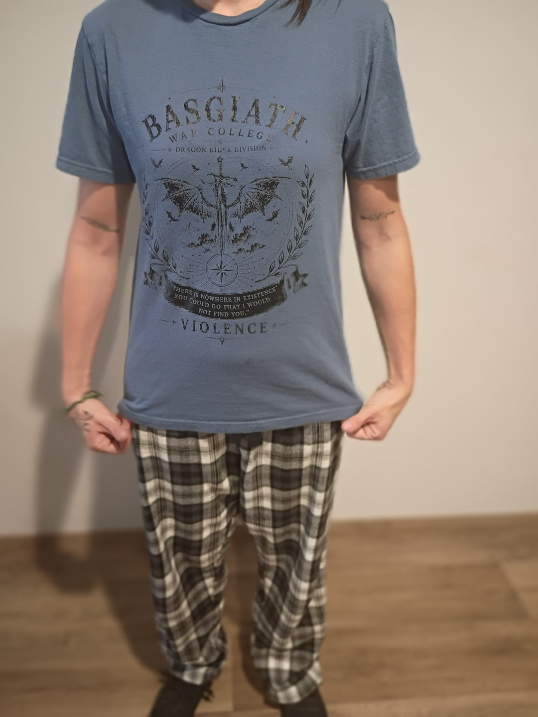 Basgiath War College dragon tee in steel blue, worn