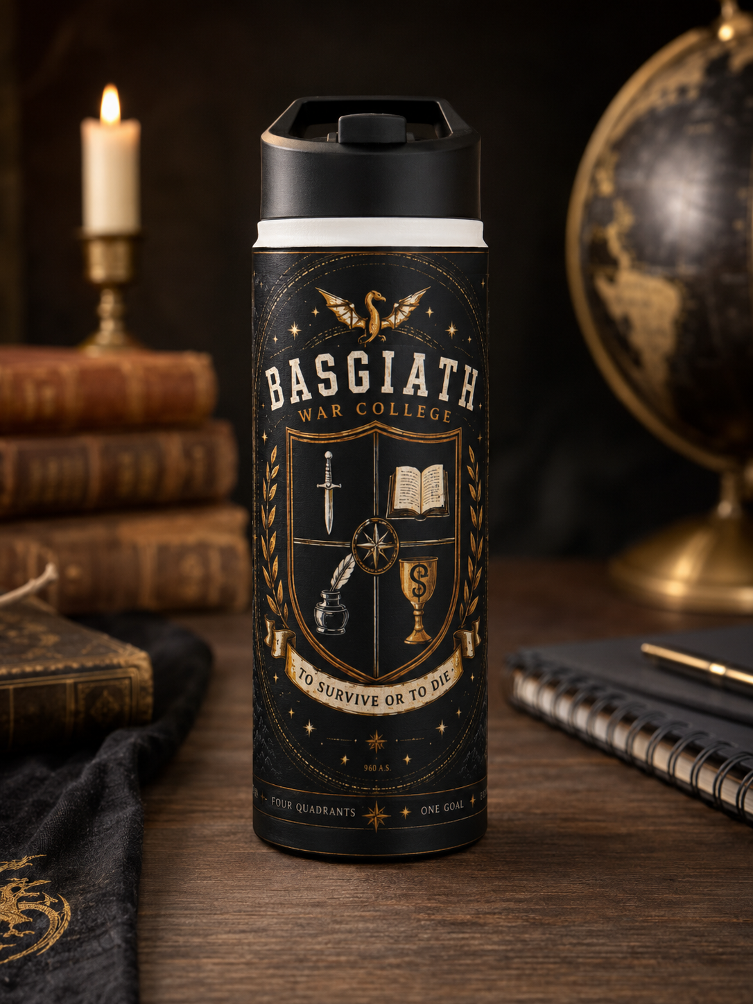 Basgiath Crest Stainless Steel Water Bottle — Adventure Compass & Shield Design