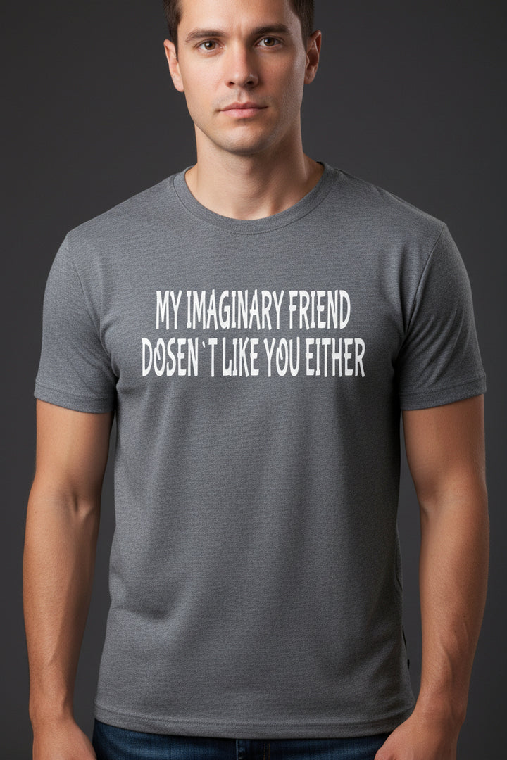 Gray t-shirt with white text on a white background