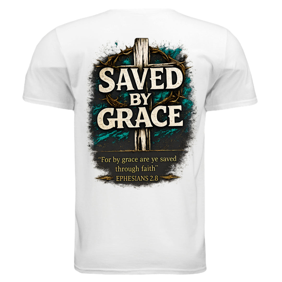 Saved by Grace faith graphic T-shirt in white, back view