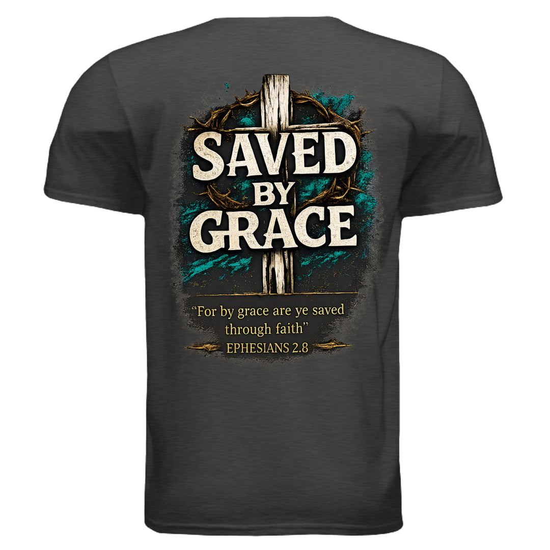 Saved by Grace faith graphic T-shirt in heather dark grey, back view