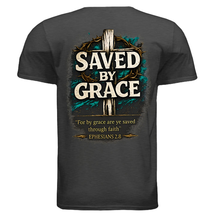 Saved by Grace faith graphic T-shirt in heather dark grey, back view