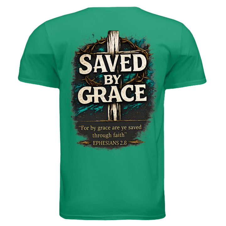 Saved by Grace faith graphic T-shirt in kelly green, back view