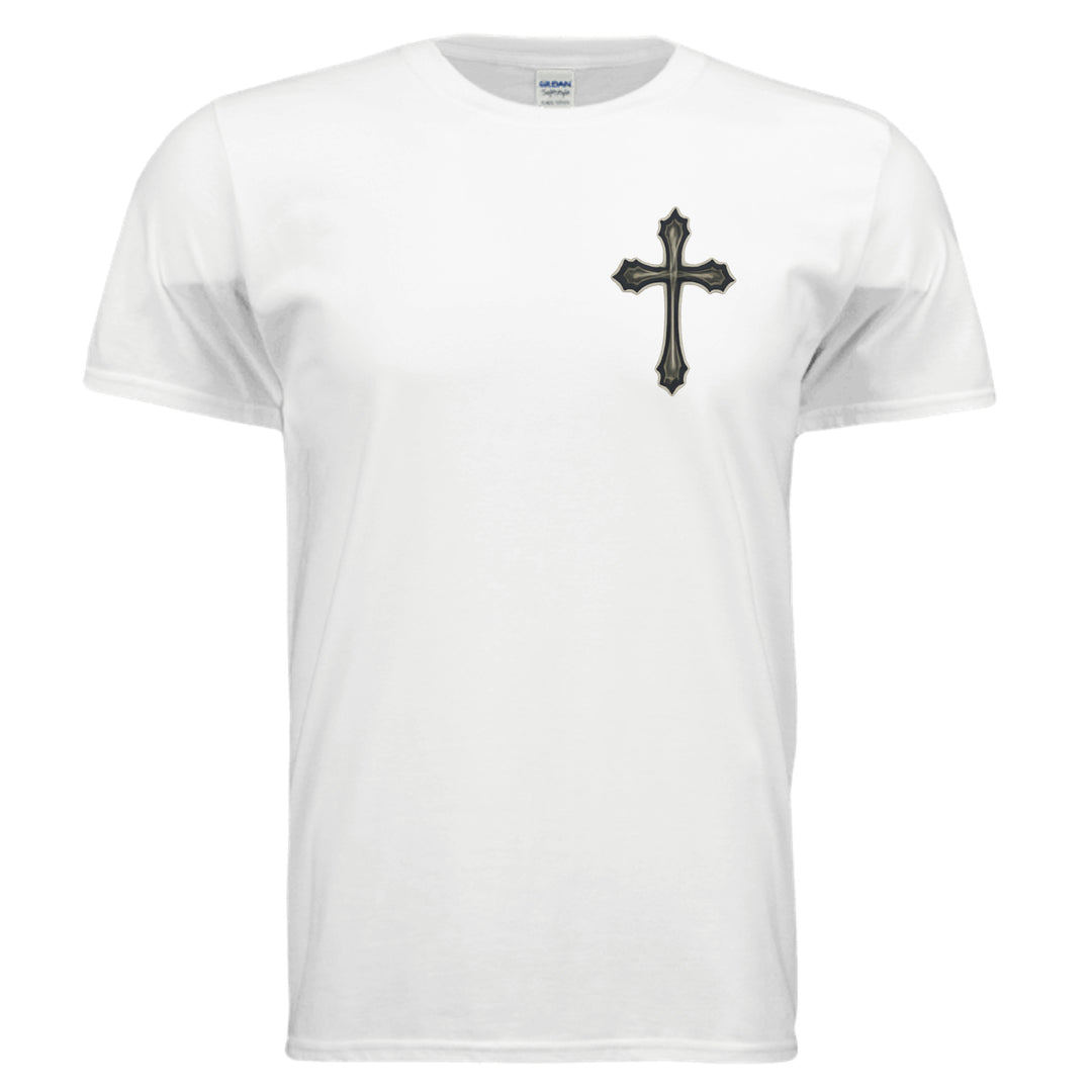 Saved by Grace faith graphic T-shirt in white, front view