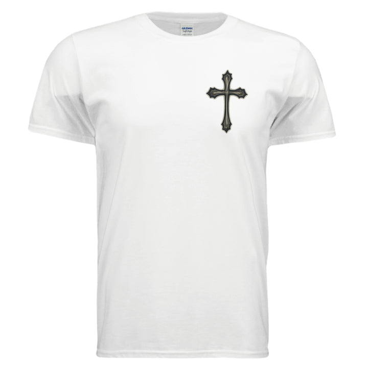 Saved by Grace faith graphic T-shirt in white, front view