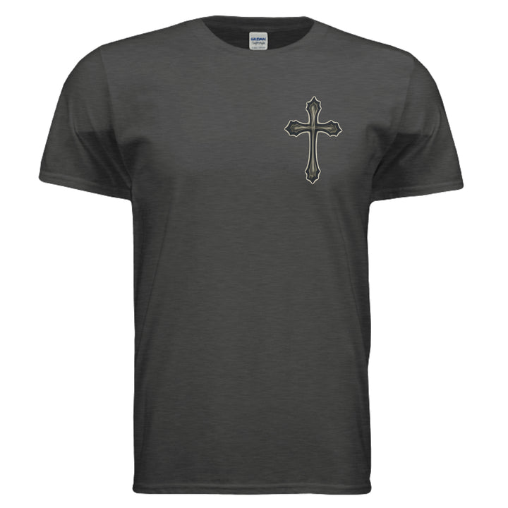 Saved by Grace faith graphic T-shirt in heather dark grey, front view