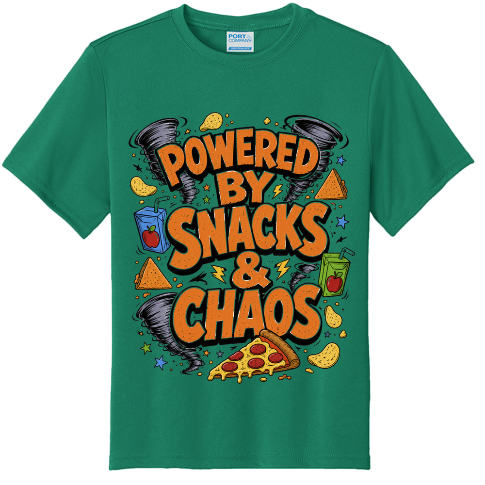 Boys Powered by Snacks & Chaos Tee front view